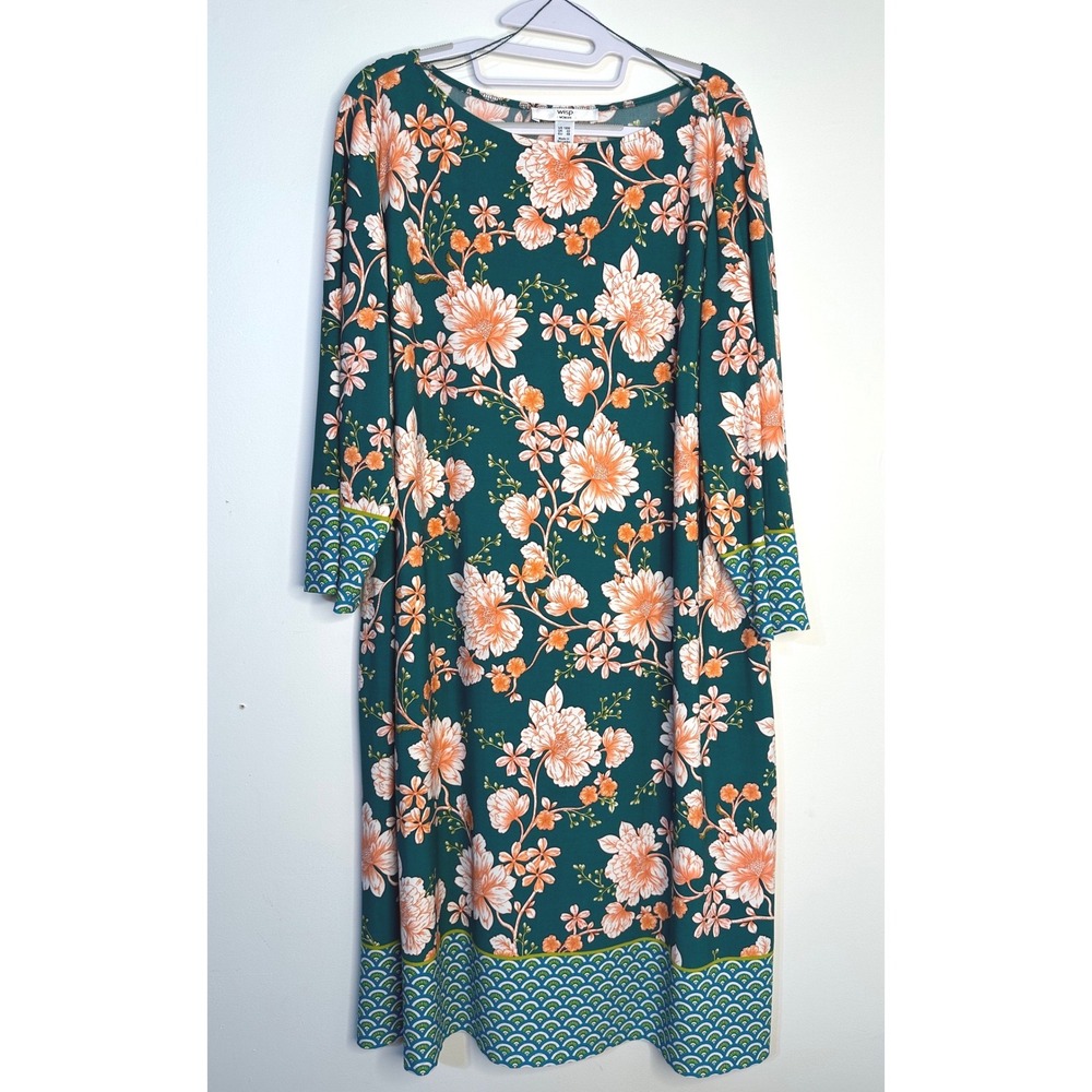 Wisp Shift Dress Womens 18W Green Floral Excellent 3/4 Sleeve Boat Neck Jersey